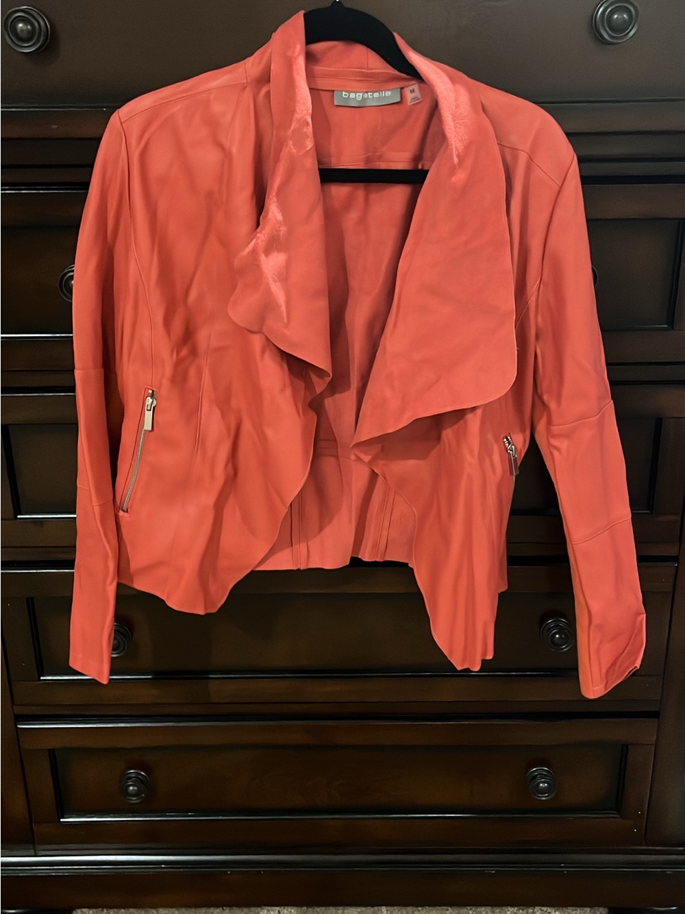 bagatelle Coral Draped Open-Front Leather Jacket